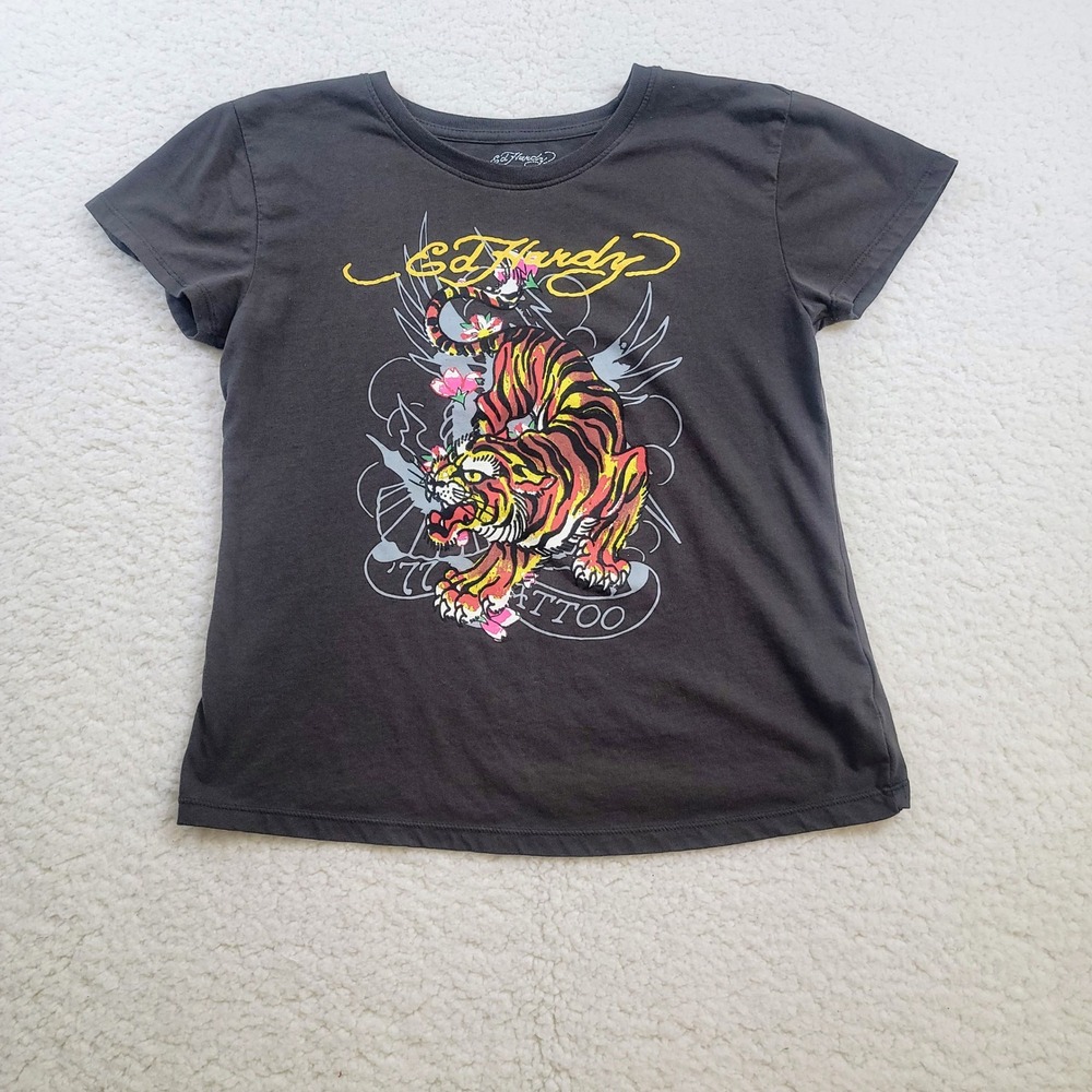Ed Hardy Tiger Tattoo Graphic T-Shirt Womens XL Black Short Sleeve Grunge